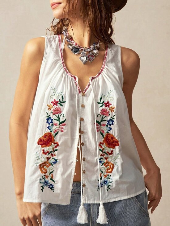Tops - White Boho Women's Casual Woven Embroidered Sleeveless Loose Tank Top